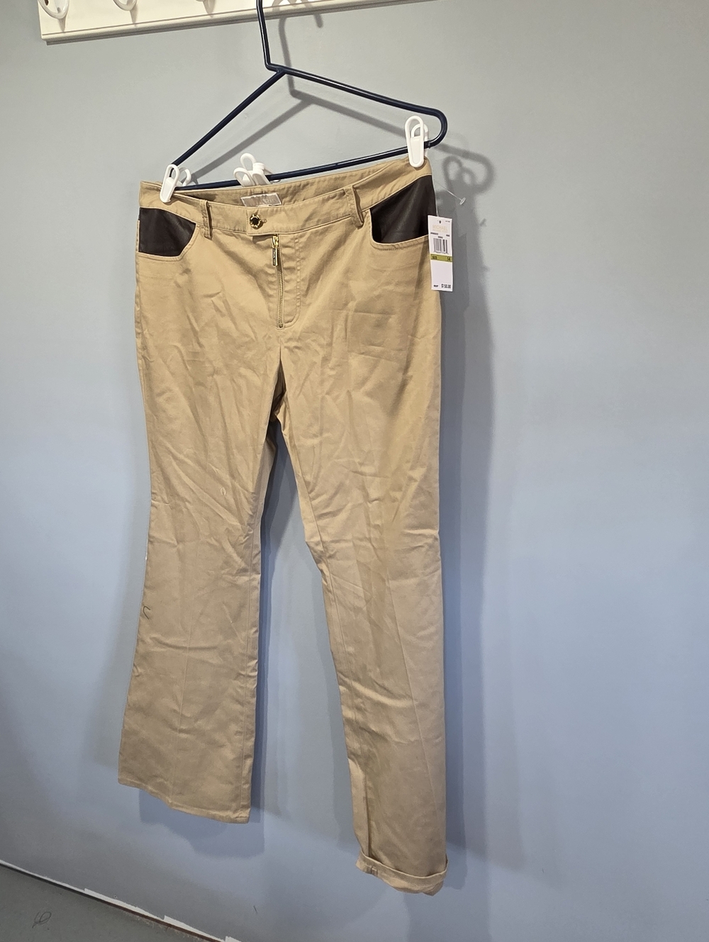 NWT Michael Kors Womens Wide Leg Khaki Pants Faux Leather Pocket Accent Size 14